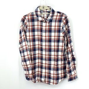 Lands End Women Size Medium 10 12 Shirt Button Down Top Flannel Red Blue Plaid